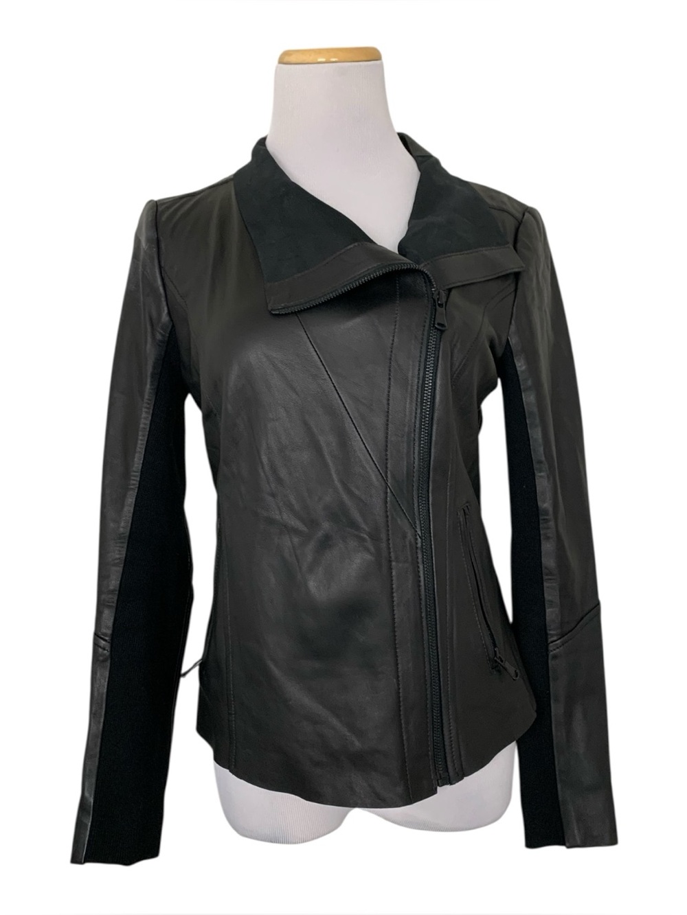 Trouve Black Asymmetrical Zip Butter Leather Jacket Womens XS Ribbed Arm Panels